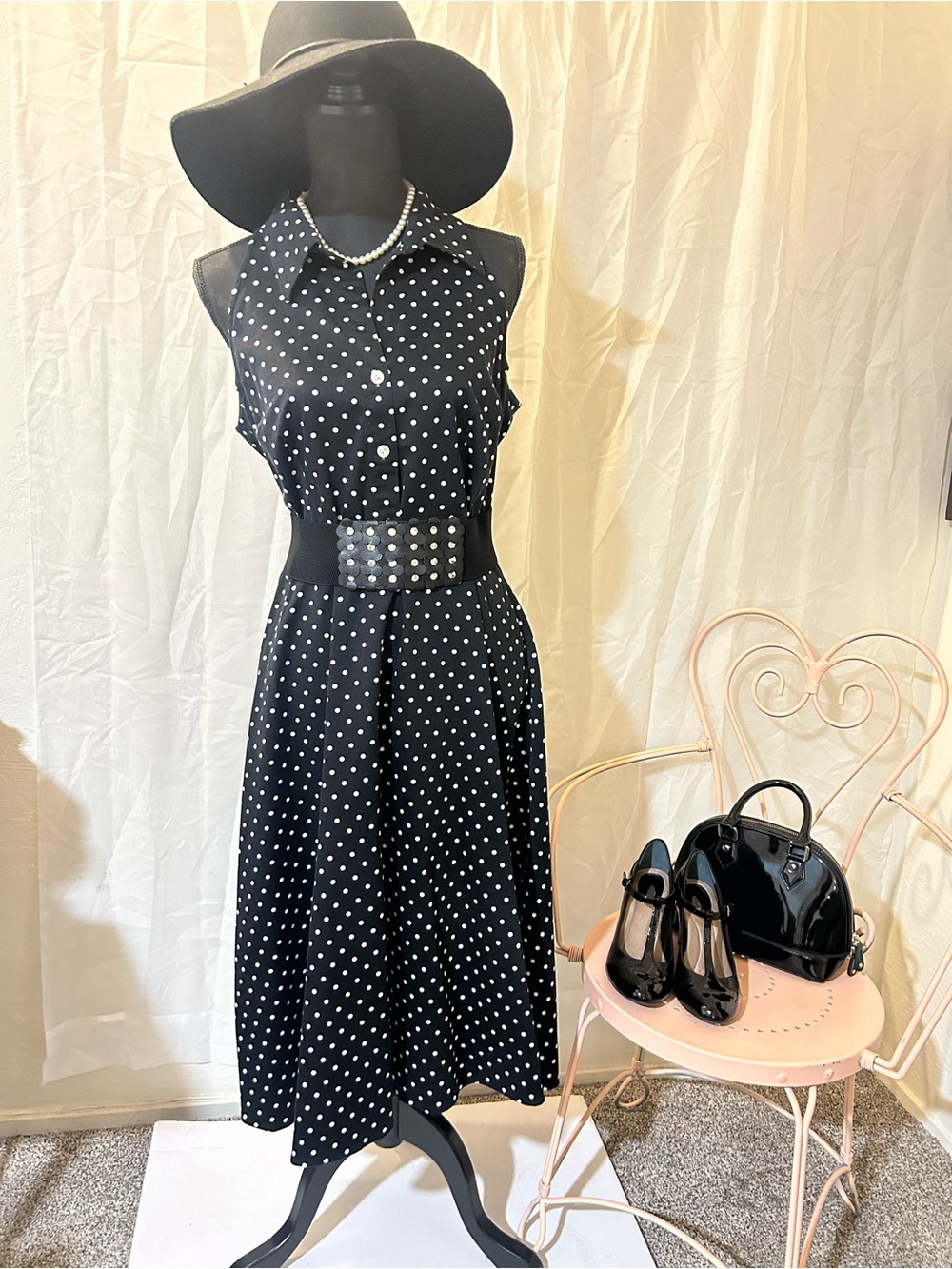 Sleeveless Black Polka Dot Midi Dress with belt